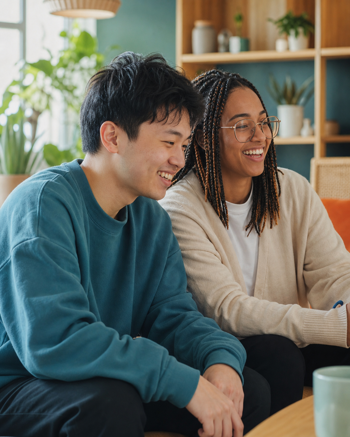 Two friends sharing a joyful moment in a calm community space