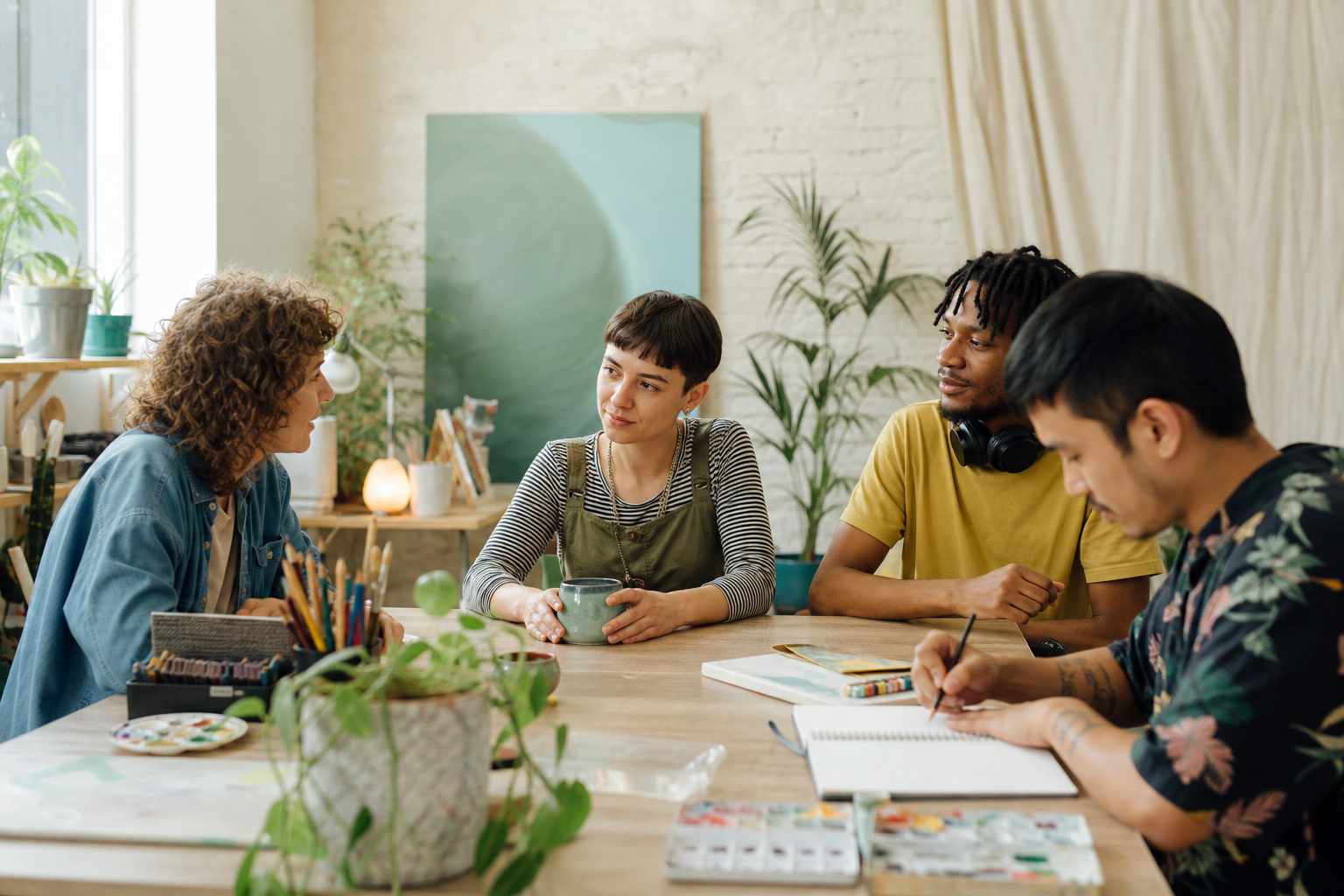 A welcoming creative meetup with people participating in different ways