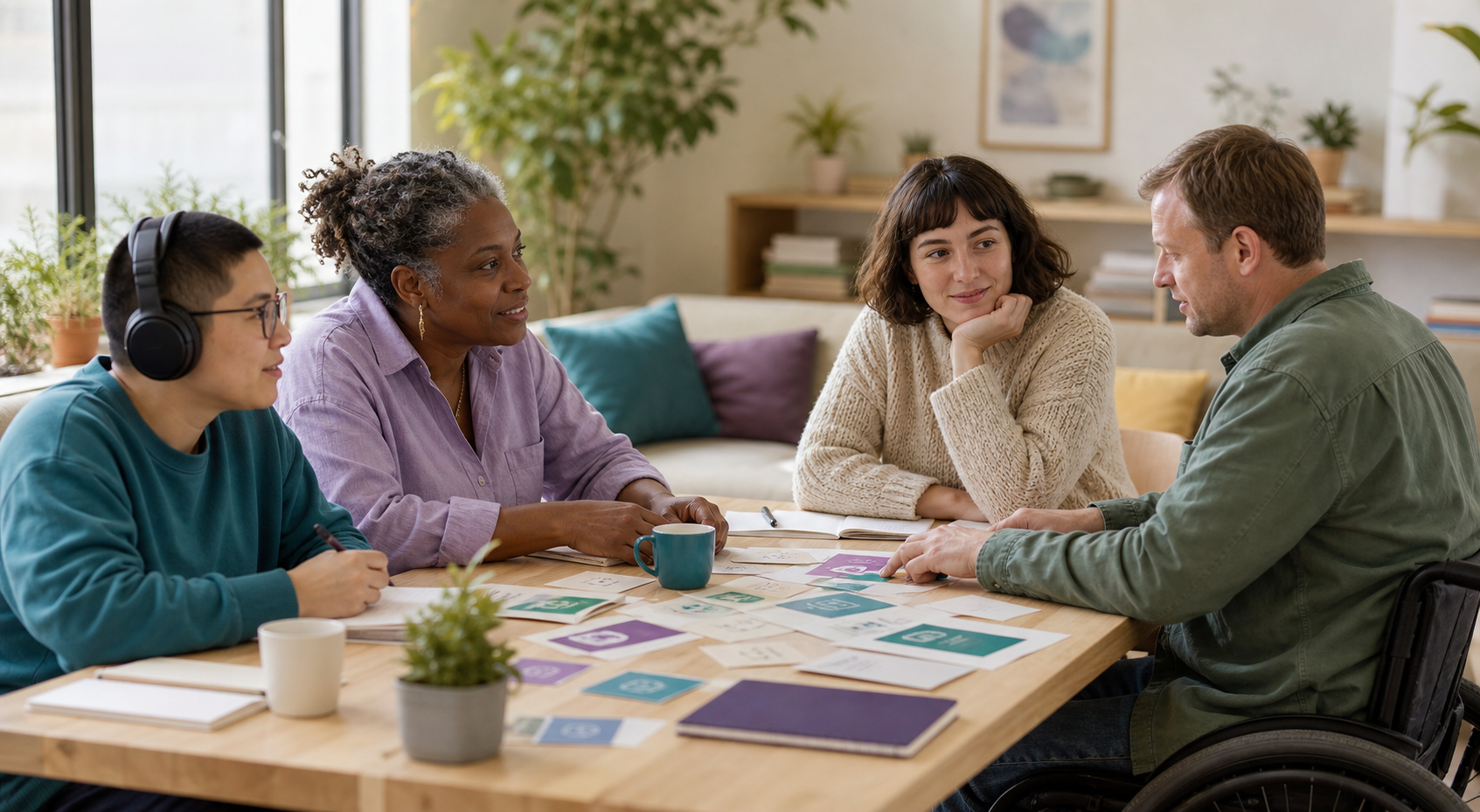 A diverse group of adult volunteers collaborating around a table in a welcoming community space