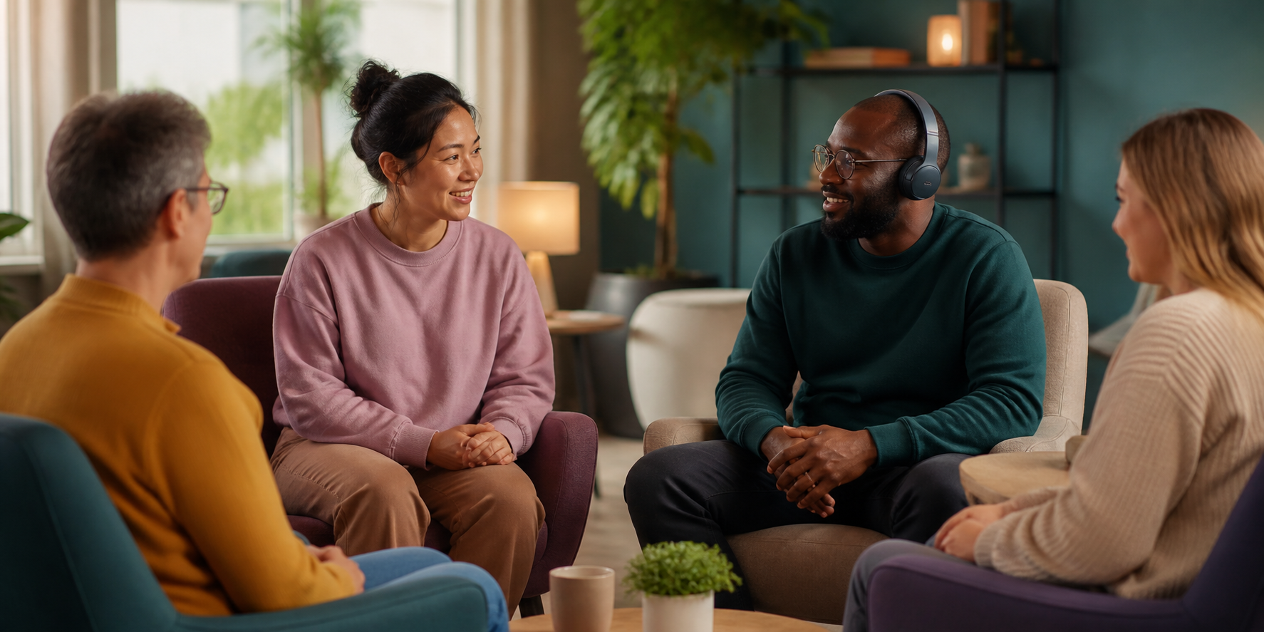 Adults taking part in a relaxed peer-support conversation